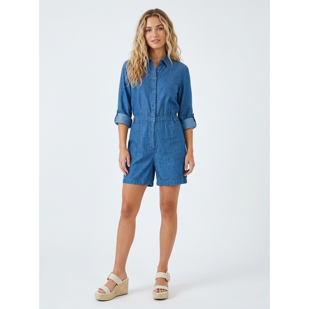 Boden Cosima Blue Chambray Denim Utility Romper Playsuit Casual Minimalist 12R